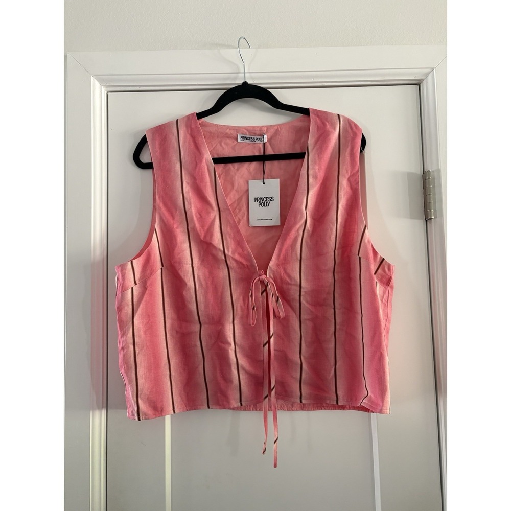 New With Tags Princess Polly Pink Vest Style Tie Front Top With Vertical Stripes